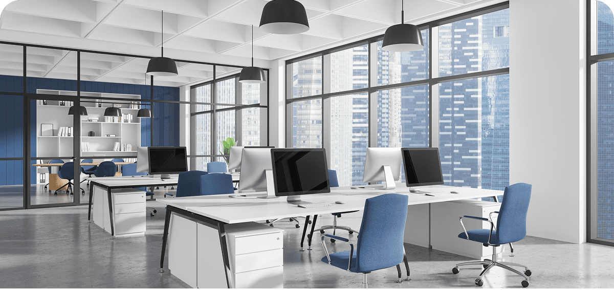 Modern office with blue chairs